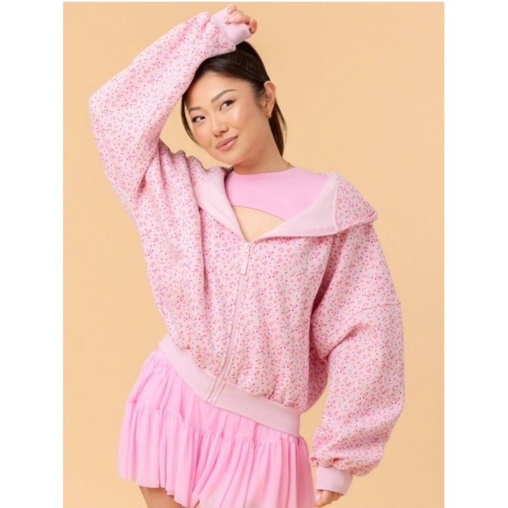 Blogilates Pink Floral Zip Up Hoodie Fleece Sweatshirt Ditsy Flower Print M